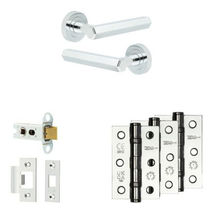 Complete Hex Door Handle Pack - Heavy Duty Latch - Polished Chrome - 64mm / 3-inch Hinges - JE-C20B-PC