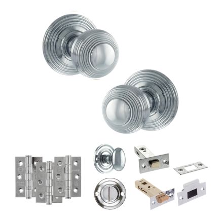 Old English Ripon Door Knob Pack (Bathroom Set - 4" Deadbolt, 3" Fire Rated Hinges x3) - Polished Chrome
