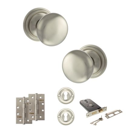 Old English Harrogate Door Knob Pack (Lock Set - Horizontal Sashlock, 4" Slim Knuckle Hinges x2) - Satin Nickel