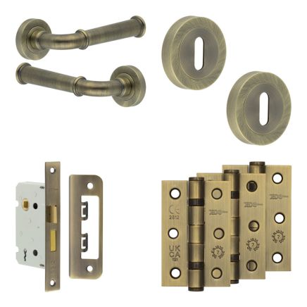 Complete Classic Door Handle Pack - Sashlock - Antique Brass - 65mm / 3-inch Hinges - JE-A7B8-AB