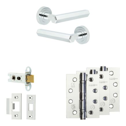 Complete Hex Door Handle Pack - Heavy Duty Latch - Polished Chrome - 64mm / 4-inch Hinges - JE-C20A-PC
