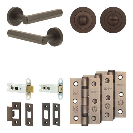 Complete Hex Door Handle Pack - Heavy Duty Tubular Bathroom (Standard Thumb Turn) - Dark Bronze - 76mm / 3-inch Hinges - JE-C31B3-DB