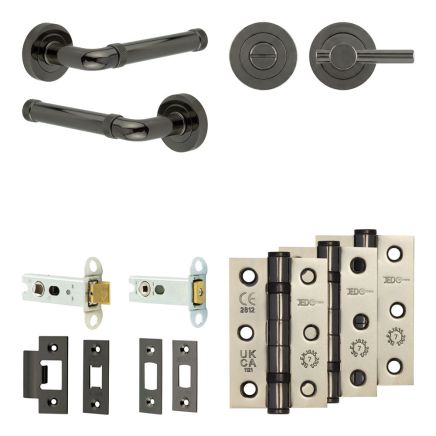 Complete Midtown Door Handle Pack - Heavy Duty Tubular Bathroom (Plain Thumb Turn) - Black Nickel - 76mm / 3-inch Hinges - JE-G31B2-BN