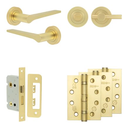 Complete Gio Door Handle Pack - Bathroom Lock (Plain Thumb Turn) - Satin Brass - 65mm / 4-inch Hinges - JE-E5A2-SB