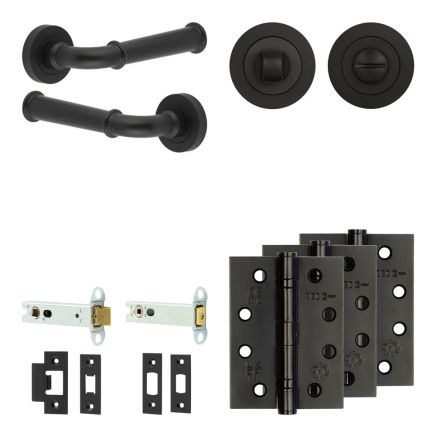 Complete Classic Door Handle Pack - Heavy Duty Tubular Bathroom (Standard Thumb Turn) - Matt Black - 102mm / 4-inch Hinges - JE-A32A3-MB