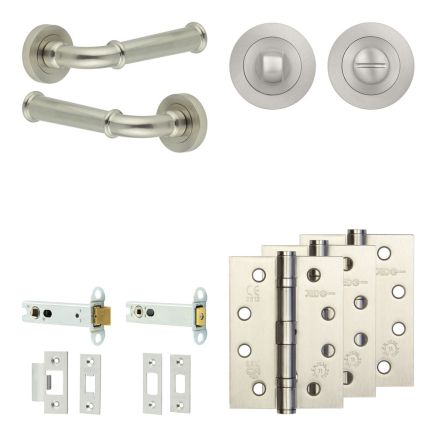 Complete Classic Door Handle Pack - Heavy Duty Tubular Bathroom (Standard Thumb Turn) - Satin Nickel - 102mm / 4-inch Hinges - JE-A32A3-SN