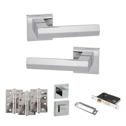 Senza Pari Davoli Door Handle Pack (Bathroom Set - 3" CE Bathroom Lock, 4" Fire Rated Hinges x3) - Polished Chrome