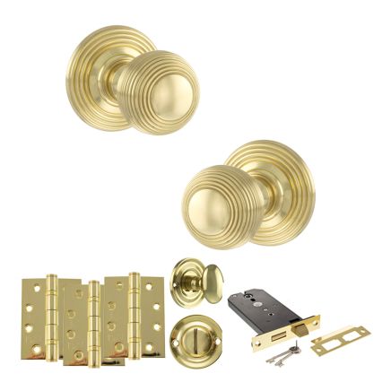 Old English Ripon Door Knob Pack (Lock Set - Horizontal Bathlock, 4" Fire Rated Hinges x3) - Polished Brass