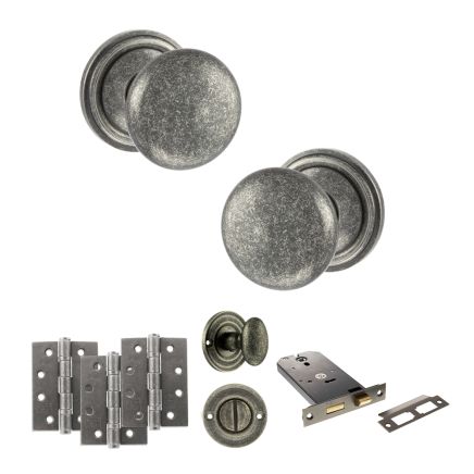 Old English Harrogate Door Knob Pack (Lock Set - Horizontal Bathlock, 4" Fire Rated Hinges x3) - Distressed Silver