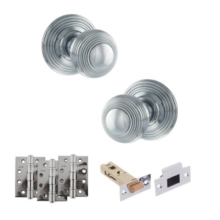 Old English Ripon Door Knob Pack (Latch Set - 3" HD Latch, 4" Fire Rated Hinges x3) - Polished Chrome