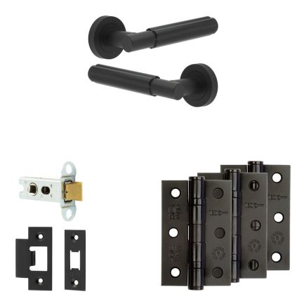 Complete Bloom Door Handle Pack - Heavy Duty Latch - Matt Black - 64mm / 3-inch Hinges - JE-B20B-MB
