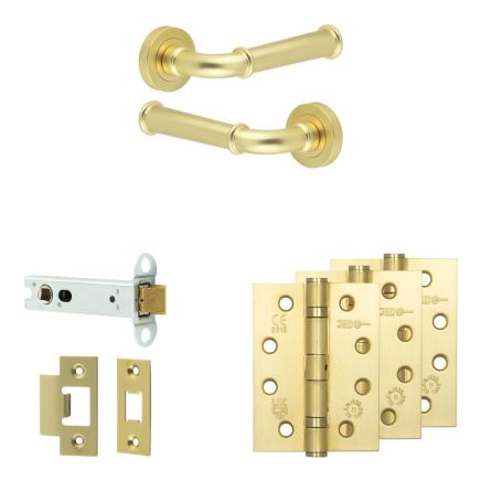 Complete Classic Door Handle Pack - Heavy Duty Latch - Satin Brass - 102mm / 4-inch Hinges - JE-A22A-SB
