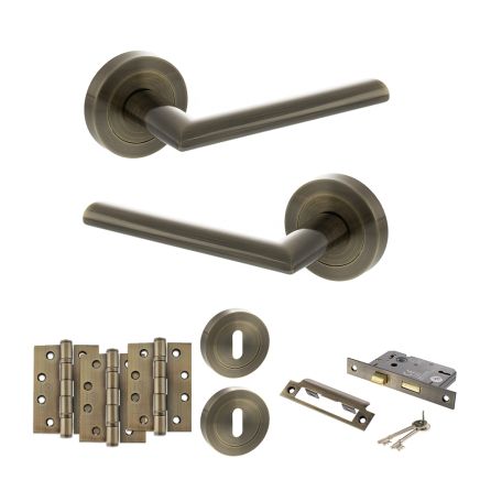 STATUS Alabama Door Handle Pack (3 Lever Lock Set - 3" CE Sashlock, 4" Fire Rated Hinges x3) - Antique Brass