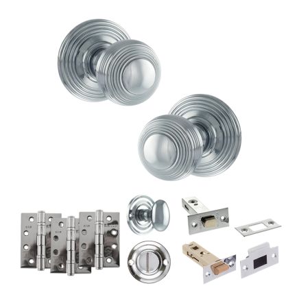 Old English Ripon Door Knob Pack (Bathroom Set - 3" Deadbolt, 4" Fire Rated Hinges x3) - Polished Chrome