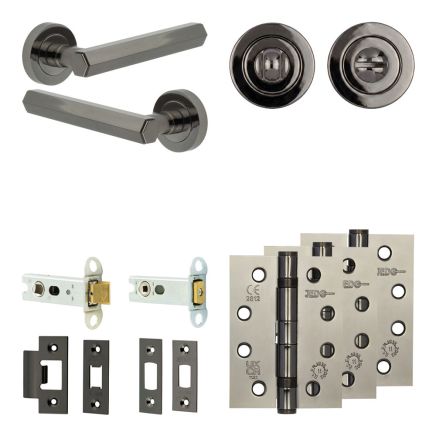 Complete Hex Door Handle Pack - Heavy Duty Tubular Bathroom (Standard Thumb Turn) - Black Nickel - 76mm / 4-inch Hinges - JE-C31A3-BN