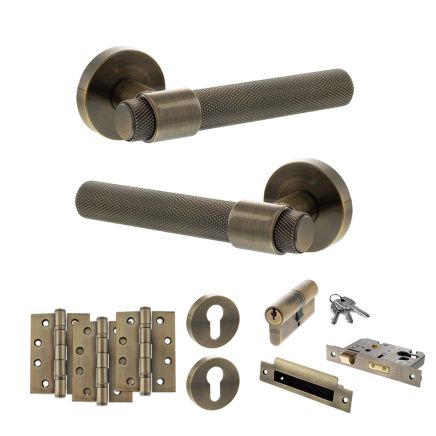Senza Pari Andretta Door Handle Pack (Euro Lock Set - 2.5" CE Sashlock, 4" Fire Rated Hinges x3) - Antique Brass
