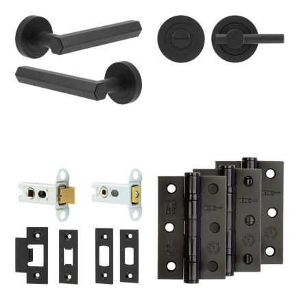 Complete Hex Door Handle Pack - Heavy Duty Tubular Bathroom (Plain Thumb Turn) - Matt Black - 64mm / 3-inch Hinges - JE-C30B2-MB