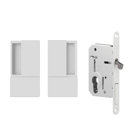 AGB Wave Flush Pocket Door Handle & Euro Profile Lock Set - White