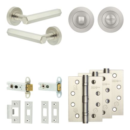 Complete Hex Door Handle Pack - Heavy Duty Tubular Bathroom (Standard Thumb Turn) - Satin Nickel - 76mm / 4-inch Hinges - JE-C31A3-SN