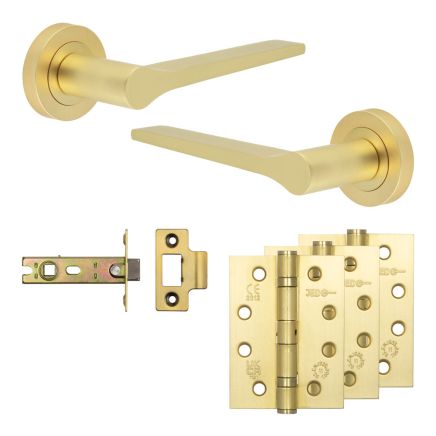 Complete Gio Door Handle Pack - Internal Doors - Satin Brass - 76mm / 4-inch Hinges - JE-E3A-SB