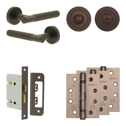 Complete Venice Door Handle Pack - Bathroom Lock (Standard Thumb Turn) - Dark Bronze - 76mm / 4-inch Hinges - JE-F6A3-DB