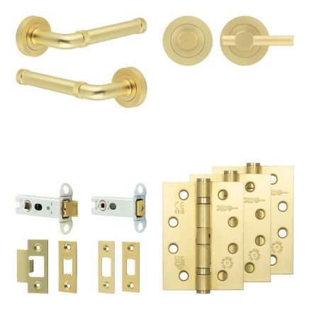 Complete Midtown Door Handle Pack - Heavy Duty Tubular Bathroom (Knurled Thumb Turn) - Satin Brass - 76mm / 4-inch Hinges - JE-G31A1-SB