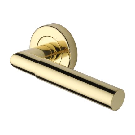 Heritage Brass Door Handle Lever on Rose Bauhaus Mitre Design Polished Brass Finish
