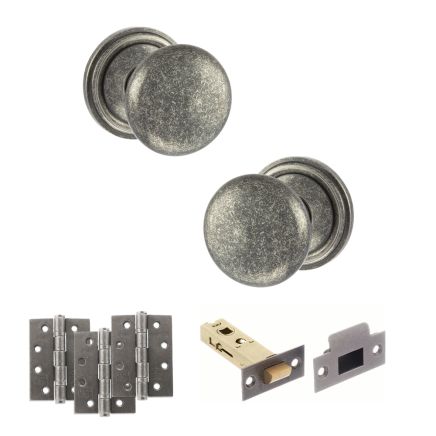 Old English Harrogate Door Knob Pack (Latch Set - 3" HD Latch, 4" Fire Rated Hinges x3) - Distressed Silver