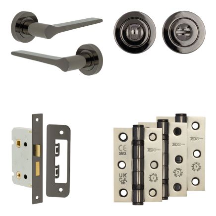 Complete Gio Door Handle Pack - Bathroom Lock (Standard Thumb Turn) - Black Nickel - 65mm / 3-inch Hinges - JE-E5B3-BN