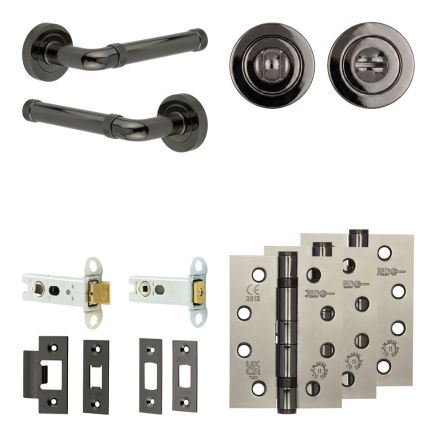 Complete Midtown Door Handle Pack - Heavy Duty Tubular Bathroom (Standard Thumb Turn) - Black Nickel - 76mm / 4-inch Hinges - JE-G31A3-BN
