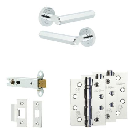 Complete Hex Door Handle Pack - Heavy Duty Latch - Polished Chrome - 102mm / 4-inch Hinges - JE-C22A-PC