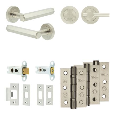 Complete Hex Door Handle Pack - Heavy Duty Tubular Bathroom (Plain Thumb Turn) - Satin Nickel - 64mm / 3-inch Hinges - JE-C30B2-SN