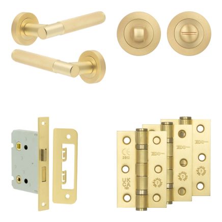 Complete Bari Door Handle Pack - Bathroom Lock (Standard Thumb Turn) - Satin Brass - 76mm / 3-inch Hinges - JE-D6B3-SB