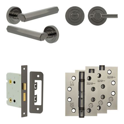 Complete Hex Door Handle Pack - Bathroom Lock (Plain Thumb Turn) - Black Nickel - 76mm / 4-inch Hinges - JE-C6A2-BN