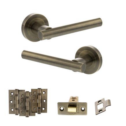 STATUS Nebraska Door Handle Pack (Latch Set - 3" CE Latch, 3" Fire Rated Hinges x3) - Antique Brass
