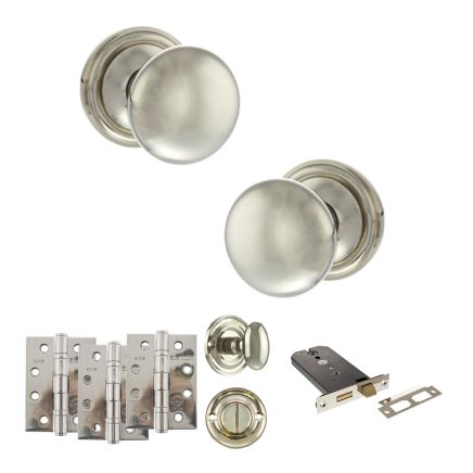 Old English Harrogate Door Knob Pack (Lock Set - Horizontal Bathlock, 4" Fire Rated Hinges x3) - Polished Nickel