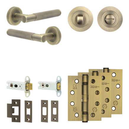 Complete Bari Door Handle Pack - Heavy Duty Tubular Bathroom (Standard Thumb Turn) - Antique Brass - 76mm / 4-inch Hinges - JE-D31A3-AB