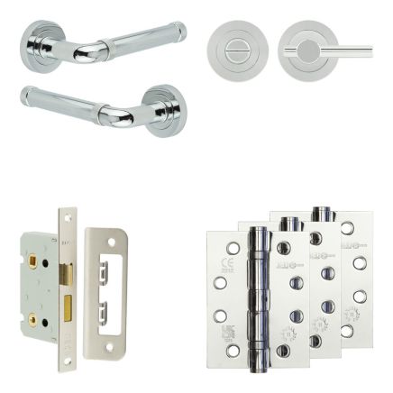 Complete Midtown Door Handle Pack - Bathroom Lock (Plain Thumb Turn) - Polished Chrome - 65mm / 4-inch Hinges - JE-G5A2-PC