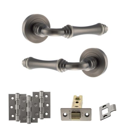 Old English Durham Door Handle Pack (Latch Set - 3" CE Latch, 3" Fire Rated Hinges x3) - Matt Gun Metal
