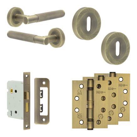 Complete Bari Door Handle Pack - Sashlock - Antique Brass - 76mm / 4-inch Hinges - JE-D8A8-AB