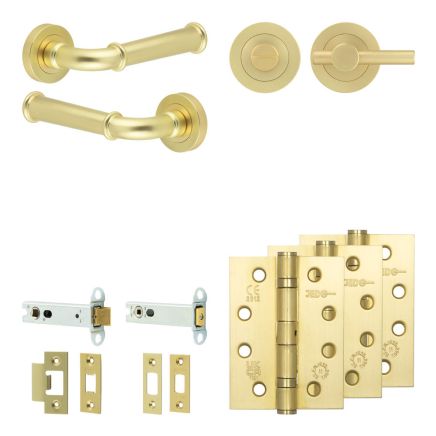 Complete Classic Door Handle Pack - Heavy Duty Tubular Bathroom (Plain Thumb Turn) - Satin Brass - 102mm / 4-inch Hinges - JE-A32A2-SB