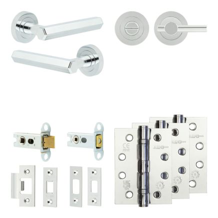 Complete Hex Door Handle Pack - Heavy Duty Tubular Bathroom (Plain Thumb Turn) - Polished Chrome - 64mm / 4-inch Hinges - JE-C30A2-PC
