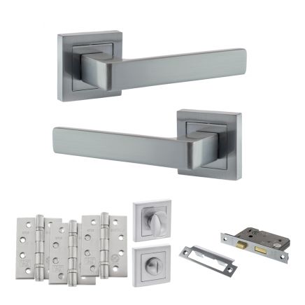 STATUS Montana Door Handle Pack (Bathroom Set - 3" CE Bathroom Lock, 4" Fire Rated Hinges x3) - Satin Chrome