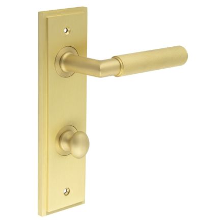Piccadilly Door Handle Bathroom Din Backplate Satin Brass & Turn & Release - By Frelan Hardware - BUR-40SB-456SB-80SB