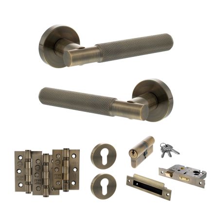 Senza Pari Rosarno Door Handle Pack (Euro Lock Set - 3" CE Sashlock, 3" Fire Rated Hinges x3) - Antique Brass