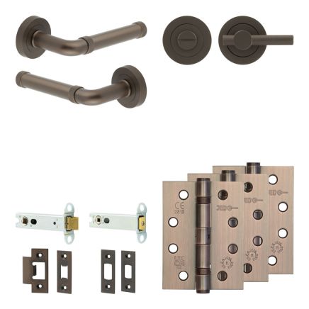 Complete Midtown Door Handle Pack - Heavy Duty Tubular Bathroom (Knurled Thumb Turn) - Dark Bronze - 102mm / 4-inch Hinges - JE-G32A1-DB