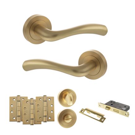 STATUS Texas Door Handle Pack (Bathroom Set - 2.5" CE Bathroom Lock, 4" Fire Rated Hinges x3) - Satin Brass
