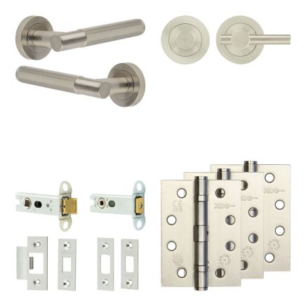 Complete Bari Door Handle Pack - Heavy Duty Tubular Bathroom (Knurled Thumb Turn) - Satin Nickel - 76mm / 4-inch Hinges - JE-D31A1-SN