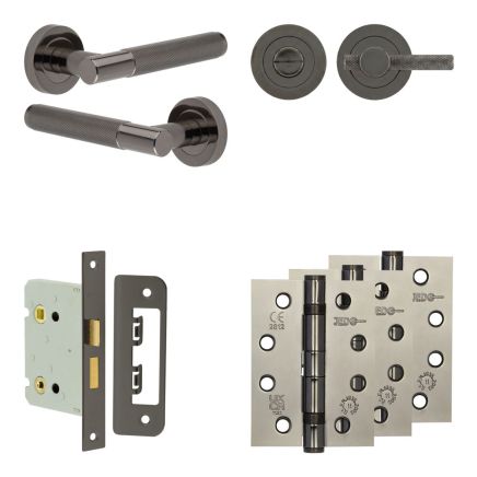 Complete Bari Door Handle Pack - Bathroom Lock (Knurled Thumb Turn) - Black Nickel - 76mm / 4-inch Hinges - JE-D6A1-BN
