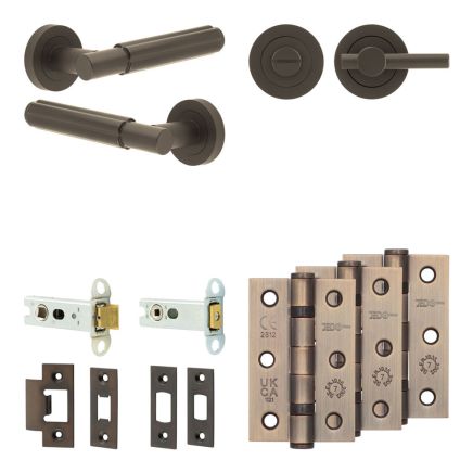 Complete Bloom Door Handle Pack - Heavy Duty Tubular Bathroom (Plain Thumb Turn) - Dark Bronze - 76mm / 3-inch Hinges - JE-B31B2-DB